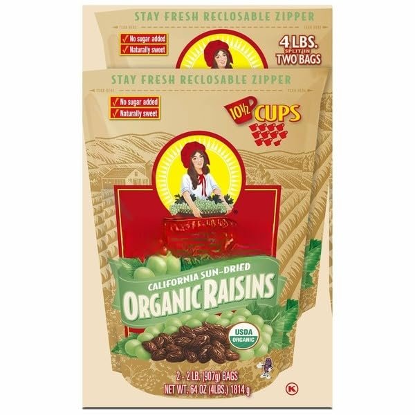 Organic California Sun-Dried Raisins, Naturally Sweet Seedless Dried Grapes, High Fiber Healthy Snack, Non-GMO, Vegan, No Added Sugar, Perfect for Baking, Cooking & Snacking, Resealable Packs, 2 lbs Each * (2-Count) TOTAL NET WT [ 64 oz, 4 lb ]