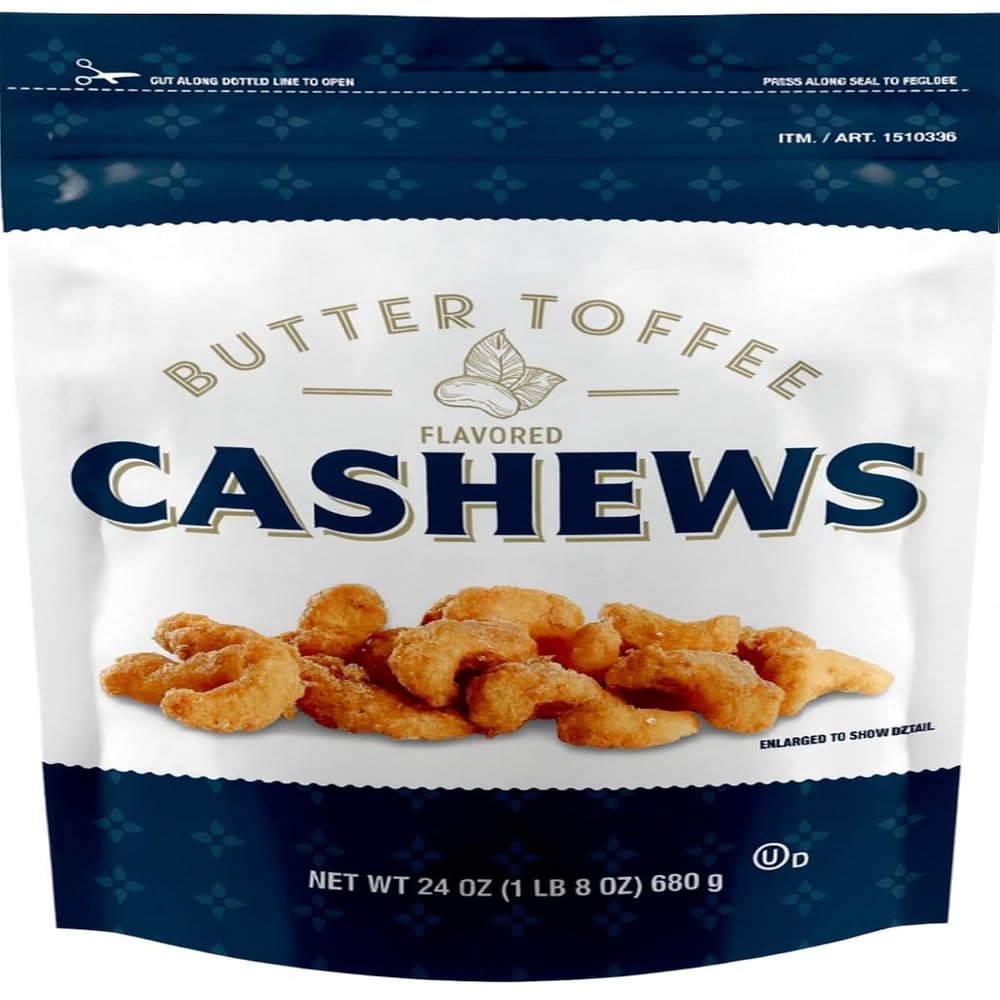 Butter Toffee Flavored Cashews, Sweet Coated Cashew Snack, Roasted Cashews with Toffee Flavor, Sweet Nut Snack, 24 oz Bag