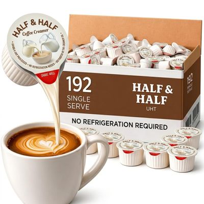 Half & Half Coffee Creamer Singles 192 Count | Shelf Stable Real Dairy Cups for Office, Home & Travel | Single Serve Creamer Made with Real Milk & Cream, No Refrigeration