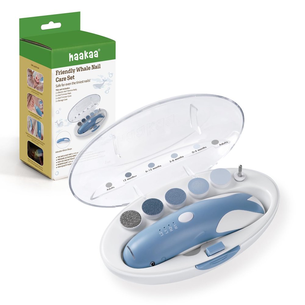 haakaa Friendly Whale Baby Nail Care Set, Electric Nail Trimmer for Newborns & Kids, Safe File with LED Light, Quiet, 2 Speeds & Directions, Includes Pads for Newborn to Adult