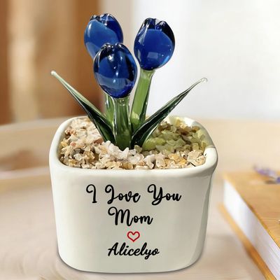 Certykllp Personalized Mother Day Glass Tulip Flower Potted Custom I Love You Mom Glass Everlasting Tulips Plant in Ceramic Pot Mother Day Keepsake Gift Forever Tulip