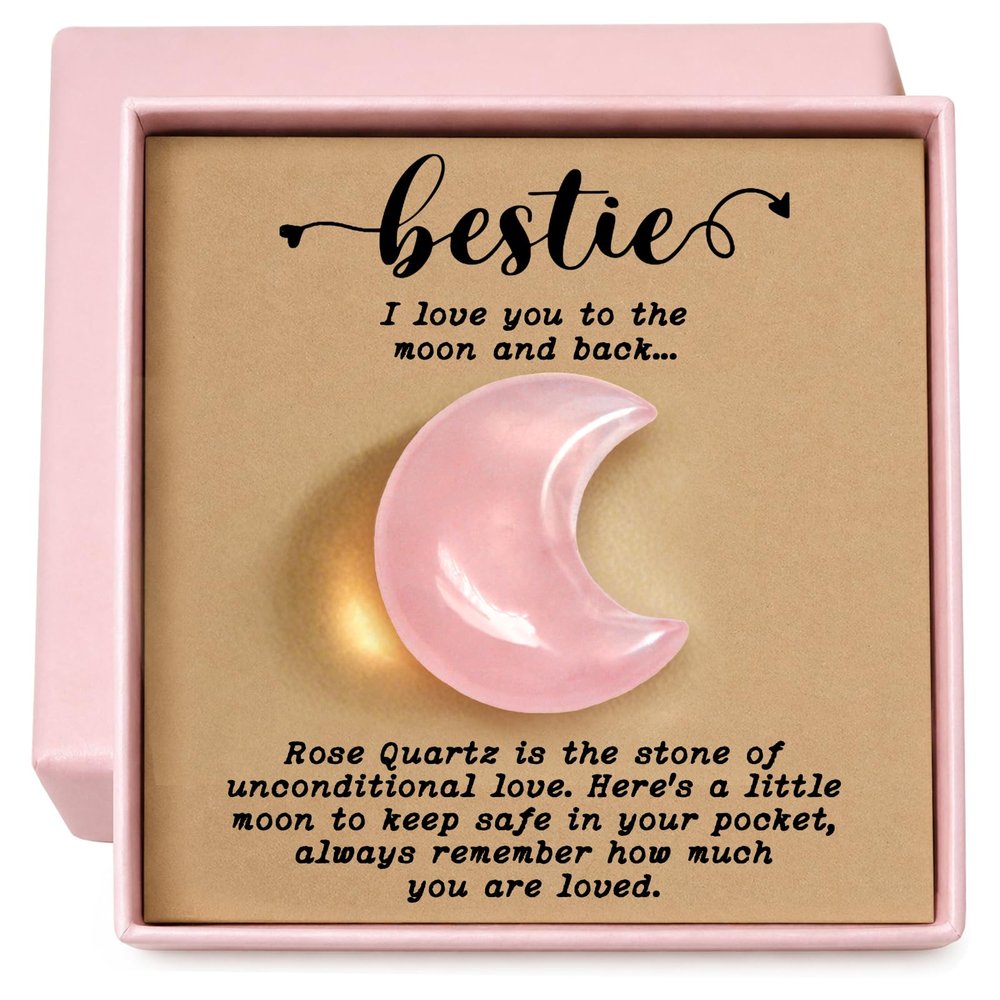 Bestie Gift for Women Friends, Rose Quartz Moon Crystal Pocket Hug with Card Love You to the Moon and Back, Emotional Support Keepsake for Daily Carry Home Decor, Birthday Christmas Friendship Gift