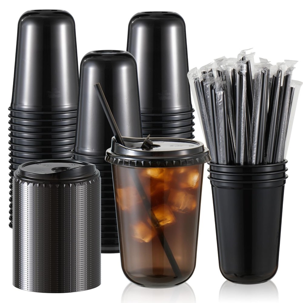 100 Set 16 oz Black Plastic Cups with Lids and Straws, Disposable Cups with Lids, Iced Coffee Cup with Lid, Clear Round Bottom Plastic Smoothie Cups for Drinking Cold, Coffee, Smoothie, Shop Supplies