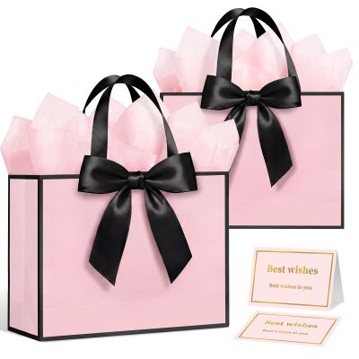 Yeezube 13" Large Gift Bag with 6 sheets of Tissue Paper and 2 Cards, Pink Gift Wrap Bags with Handles and Bow Ribbon for Women, Birthday, Baby Showers, Weddings, Engagement, Bridal Showers (2pcs)