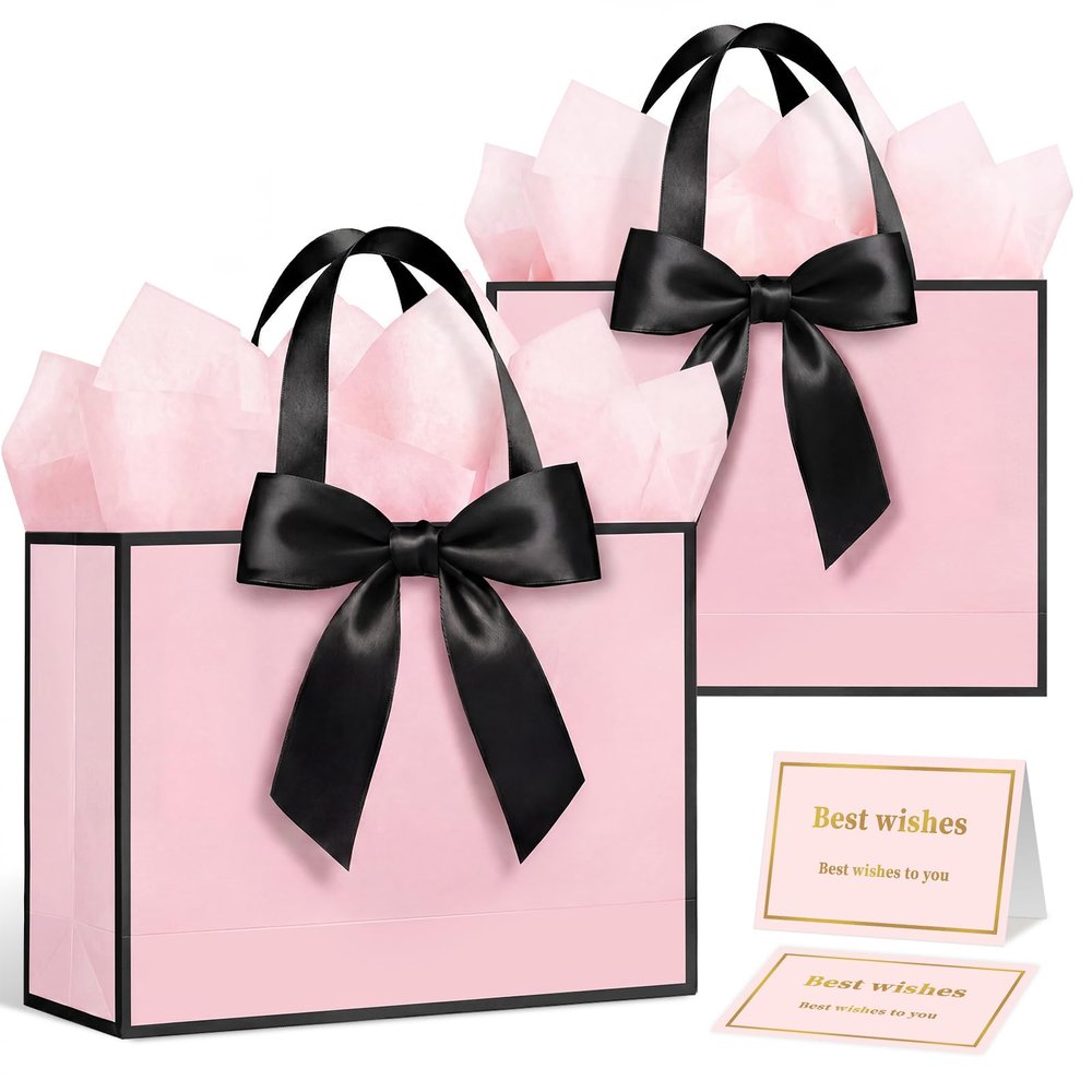 Yeezube 13" Large Gift Bag with 6 sheets of Tissue Paper and 2 Cards, Pink Gift Wrap Bags with Handles and Bow Ribbon for Women, Birthday, Baby Showers, Weddings, Engagement, Bridal Showers (2pcs)