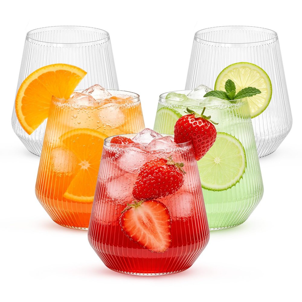 12 oz Clear Ribbed Plastic Wine Glasses, 24 PCS Stemless Origami Ripple Disposable Champagne and Whiskey Glasses, Reusable Drinkware for Weddings & Parties