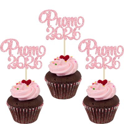 Gyufise 24Pcs Pink Prom 2026 Cupcake Toppers Glitter Graduation Night Party Cupcake Picks Class of 2026 Decorations for 2026 Graduation Prom Theme School Party Supplies