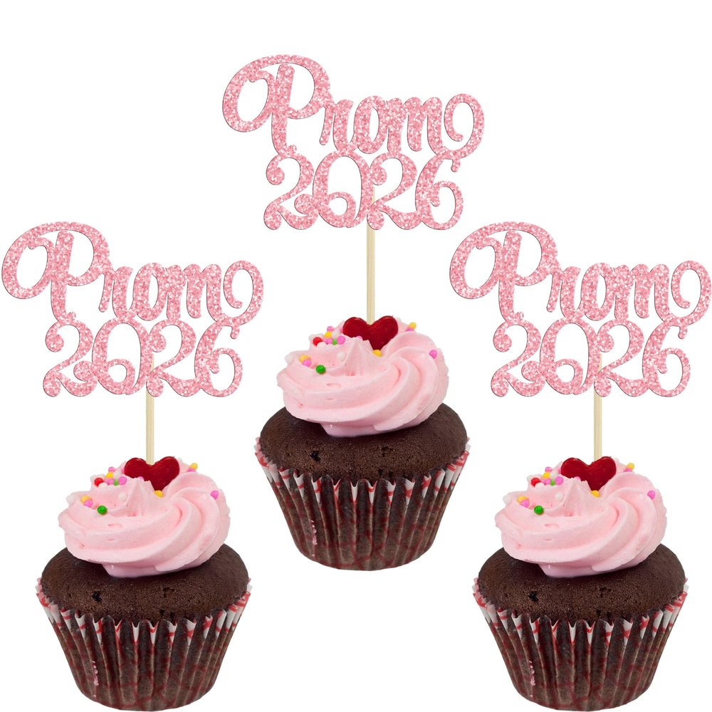 Gyufise 24Pcs Pink Prom 2026 Cupcake Toppers Glitter Graduation Night Party Cupcake Picks Class of 2026 Decorations for 2026 Graduation Prom Theme School Party Supplies