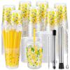 Ferrochef 50 Set Lemonade Stand Supplies 32 oz Lemonade Stand Kits 50 Lemon Plastic Cups Yellow Lemon Drink Cups with Lids Straws, Straw Puncher, Muddler, Mixing Spoon, Cleaning Brush for Summer Party view 1