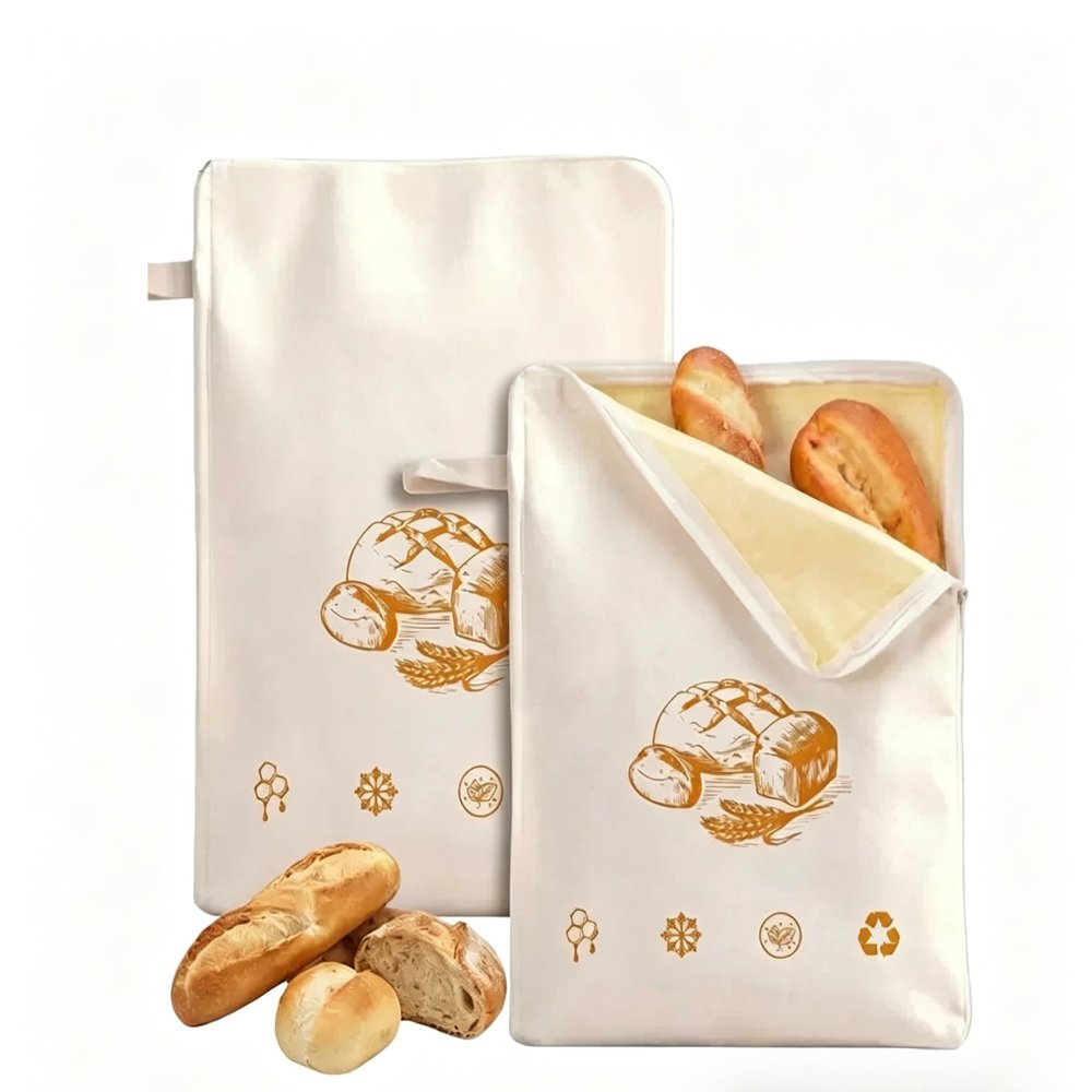 Natural Beeswax Lined Linen Blend Bread Bags, Reusable Safe Beeswax Bread Bags for Sourdough & Homemade Bread, Zipper Sealed Fresh Keeping Bread Bag (2 PCS)