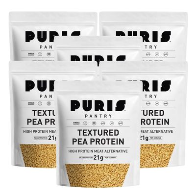 PURIS Pantry Textured Pea Protein, Unflavored Meatless Vegetable Crumbles, Shelf-Stable, Soy & Gluten Free, 21g of Protein, Plant-Based Vegan Meat Substitute, Equivalent to 4.5 Pounds Ground Beef (6 Pack)