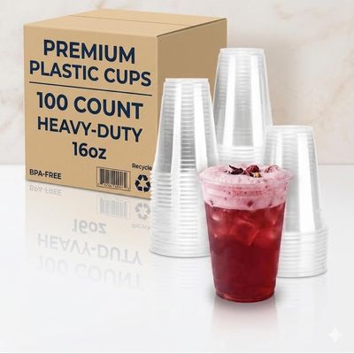 100 Pack 16 oz Clear Plastic Cups Heavy-Duty Disposable & Reusable Tumblers, Crystal Clear Party Cups for Weddings, Holidays & Events