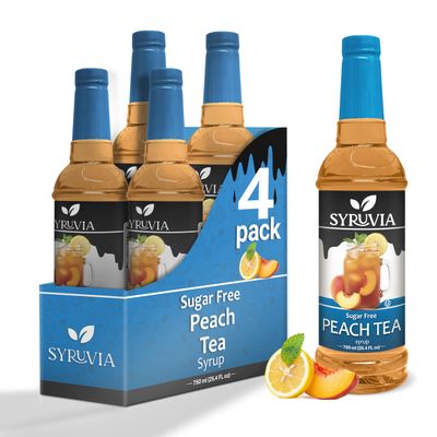 Sugar Free Peach Tea Syrup by Syruvia 4-Pack, 25.4 fl oz, Wholesale Coffee Syrup Shops, Cafes, Baristas, Bistros, & Beverage Bars, Bulk Kosher & Gluten-Free