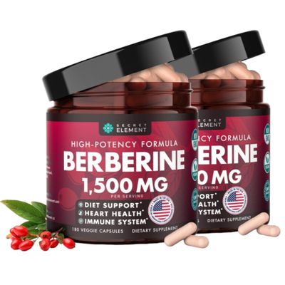 Secret Element Berberine HCL Supplement 1500 mg, High Potency Vegan Capsules with Beet Root, Citrus Bergamot & Black Currant, Non-GMO, 180 Capsules, Pack of 2