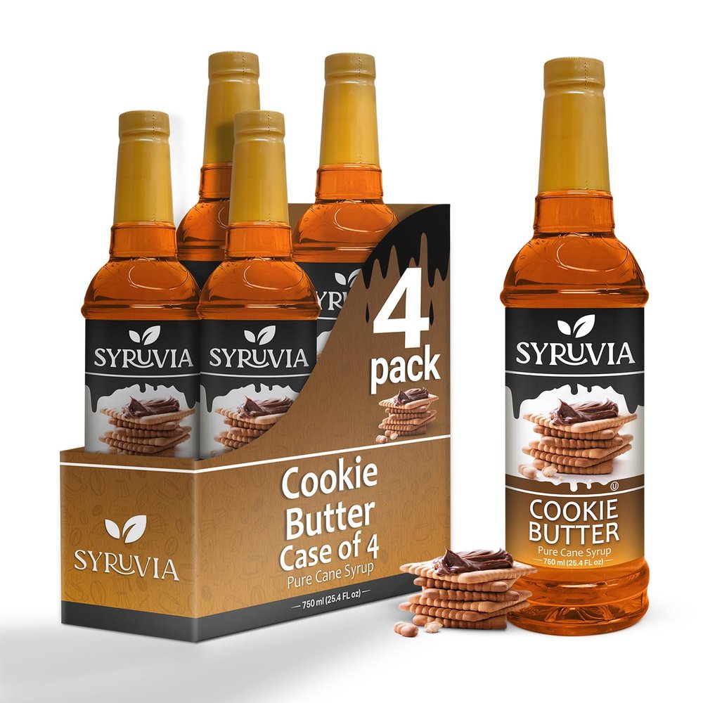 Cookie Butter Syrup by Syruvia 4-Pack, 25.4 fl oz, Wholesale Coffee Syrup Shops, Cafes, Baristas, Bistros, & Beverage Bars, Bulk Kosher & Gluten-Free