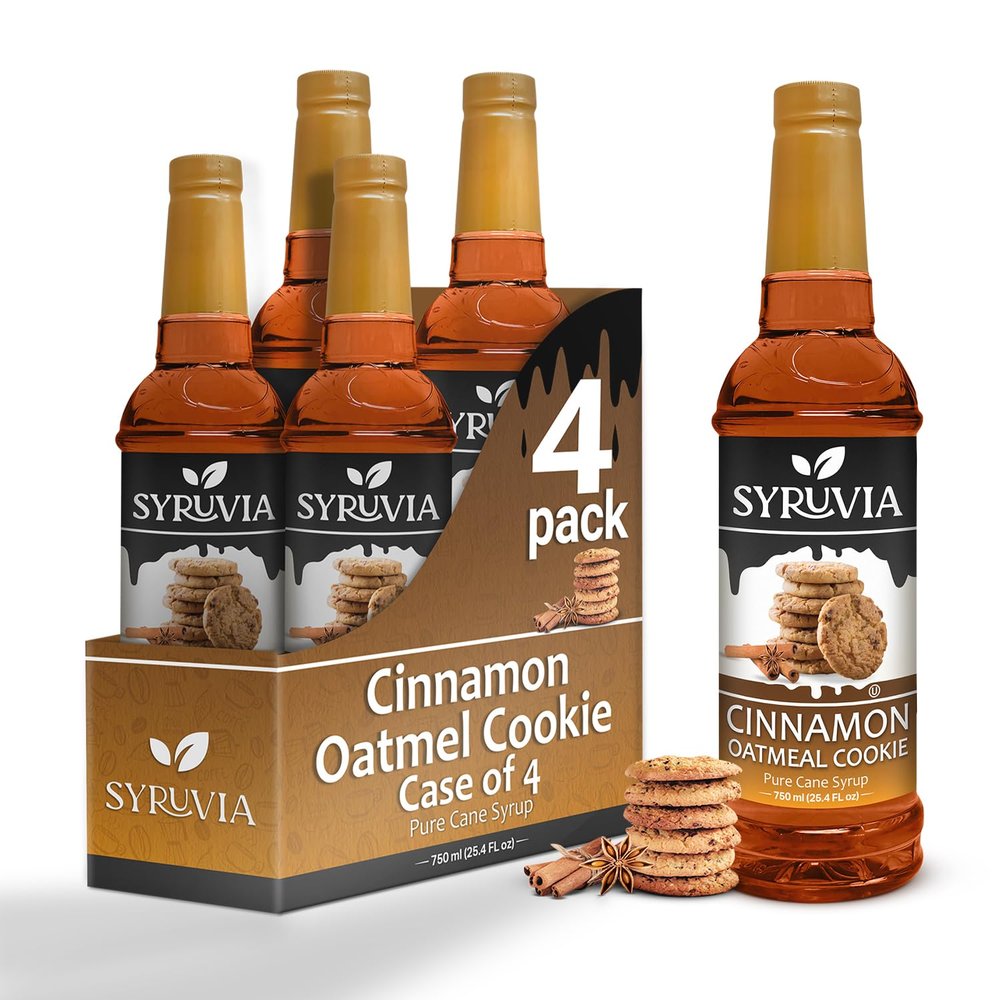Cinnamon Oatmeal Cookie Syrup by Syruvia 4-Pack, 25.4 fl oz, Wholesale Coffee Syrup Shops, Cafes, Baristas, Bistros, & Beverage Bars, Bulk Kosher & Gluten-Free