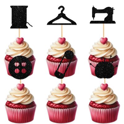 Afternoon Tea Cupcake Topper for Tailors Sewing Machine Theme Party Favors Decorations Women Happy Birthday Anniversary Party Decor Supplies set 18pcs Black Glitter