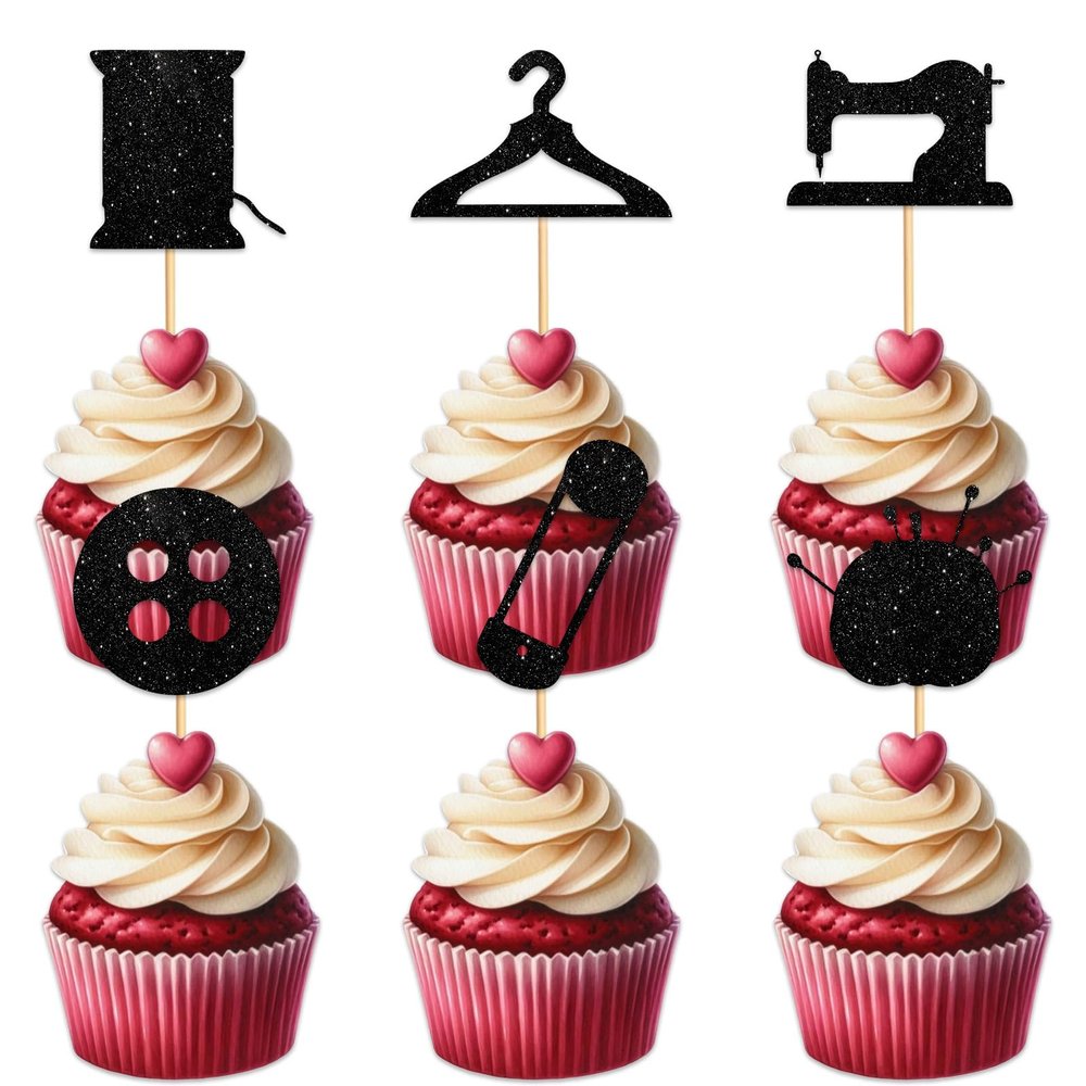 Afternoon Tea Cupcake Topper for Tailors Sewing Machine Theme Party Favors Decorations Women Happy Birthday Anniversary Party Decor Supplies set 18pcs Black Glitter