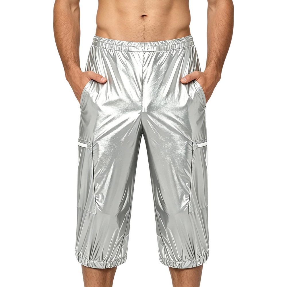 Agoky Men Leakproof Diaper PVC Wet Look Plastic Underwear Long Shorts Button Up Special Needs Clothing Silver 3X-Large