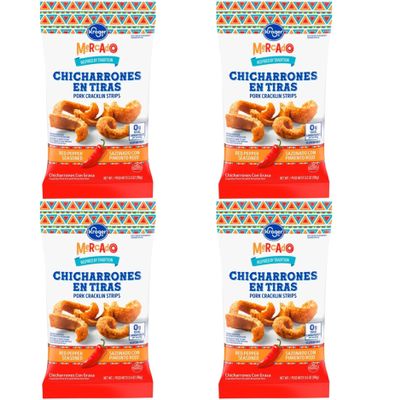 Mercado Red Pepper Seasoned Pork Cracklin Strips, Spicy Crunchy Pork Rinds, Keto Friendly, High Protein, Low Carb Snack, 3.5 oz, Pack of 4