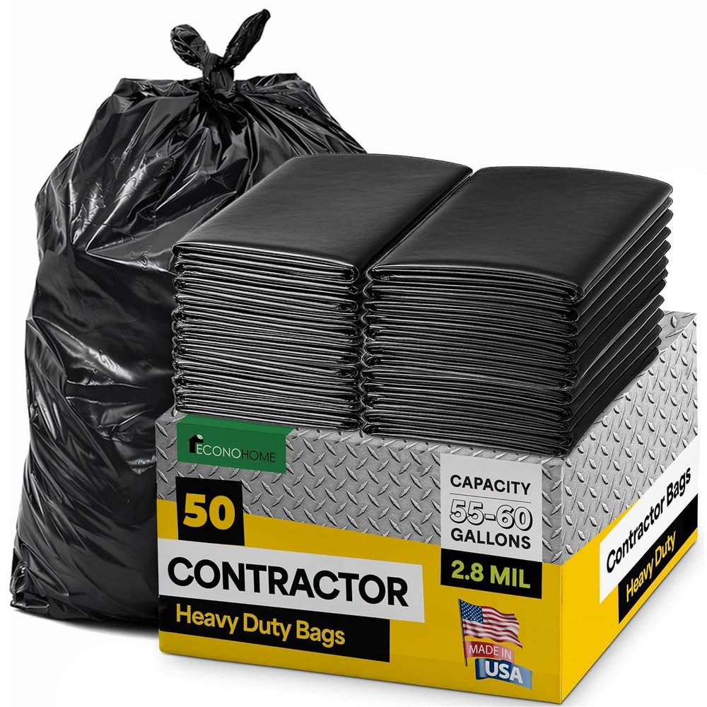 EconoHome Heavy Duty Contractor Garbage Bags - 2.8 Mil Extra Thick - 55-60 Gallon Trash Bags for Construction, Demo & Commercial Use, Lawn & Yard Cleanup - Extra Large 38x53" Made in USA, 50 Count
