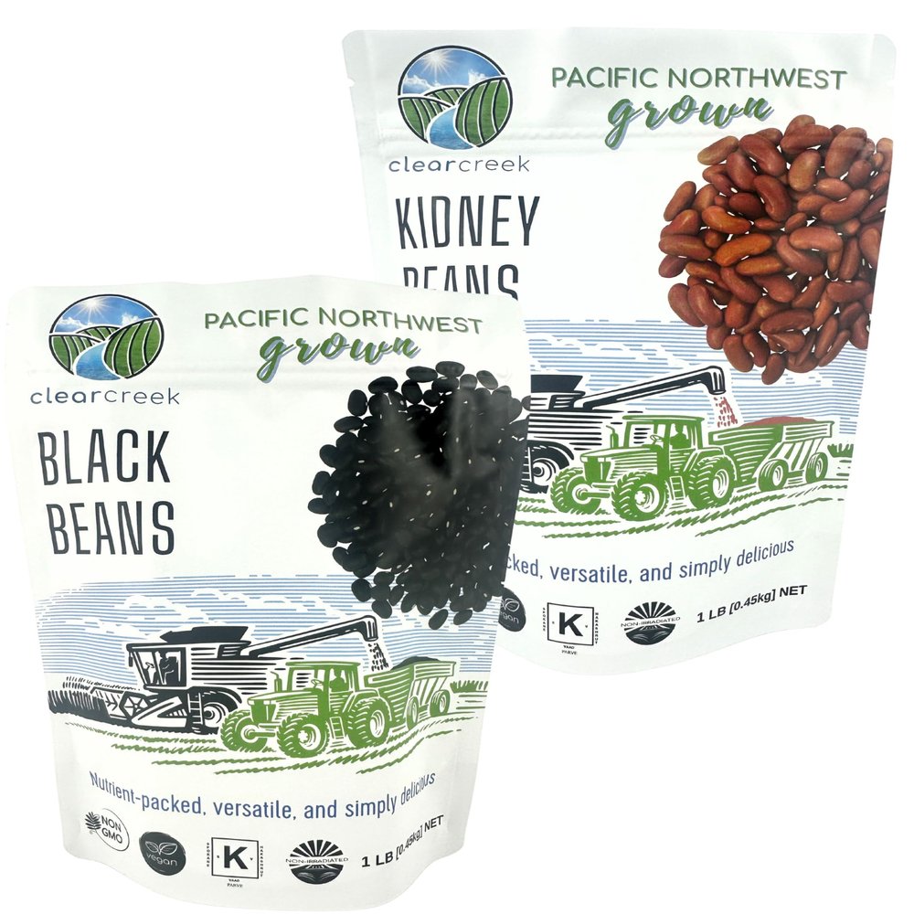 CLEAR CREEK Washington State Grown Black Beans and Kidneys | 2 LB (2-1 lb Bags) | Non-GMO | Vegan | Kosher | Non-Irradiated | Dry Black Beans | Frijoles Negros