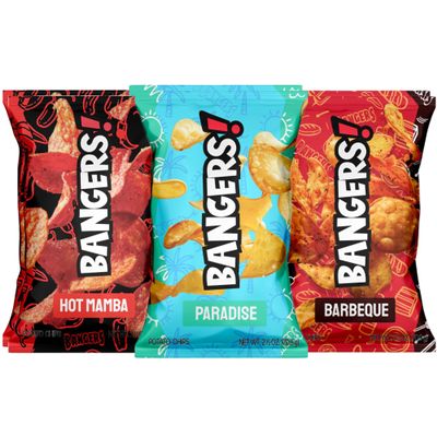 BANGERS! Caffeinated Potato Chips Variety Pack | 6 Bags - Hot Mamba, Paradise, Barbeque | 50mg Caffeine Per Bag | Bold Flavored Energy Chips for Late Nights, Long Shifts, Road Trips & On-the-Go | Real Potato Chips | 2.5 oz Each (Pack of 6, Variety)