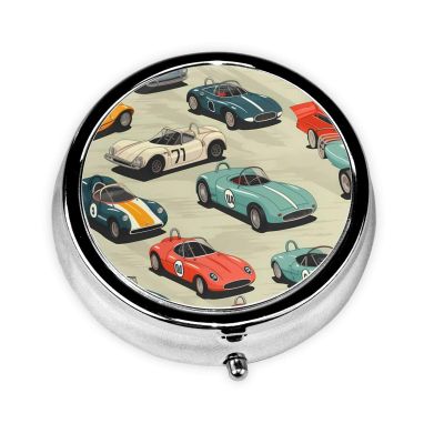 Race Car Pill Box Travel Vintage Round Pill Organizer with 3 Compartments Metal Medicine Case for Vitamins Fish Oil and Supplements