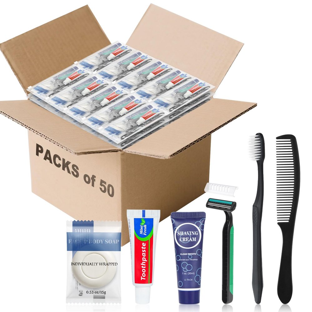 50 Pack Travel Toiletry Kit Bulk, 6-in-1 Disposable Personal Hygiene Kit