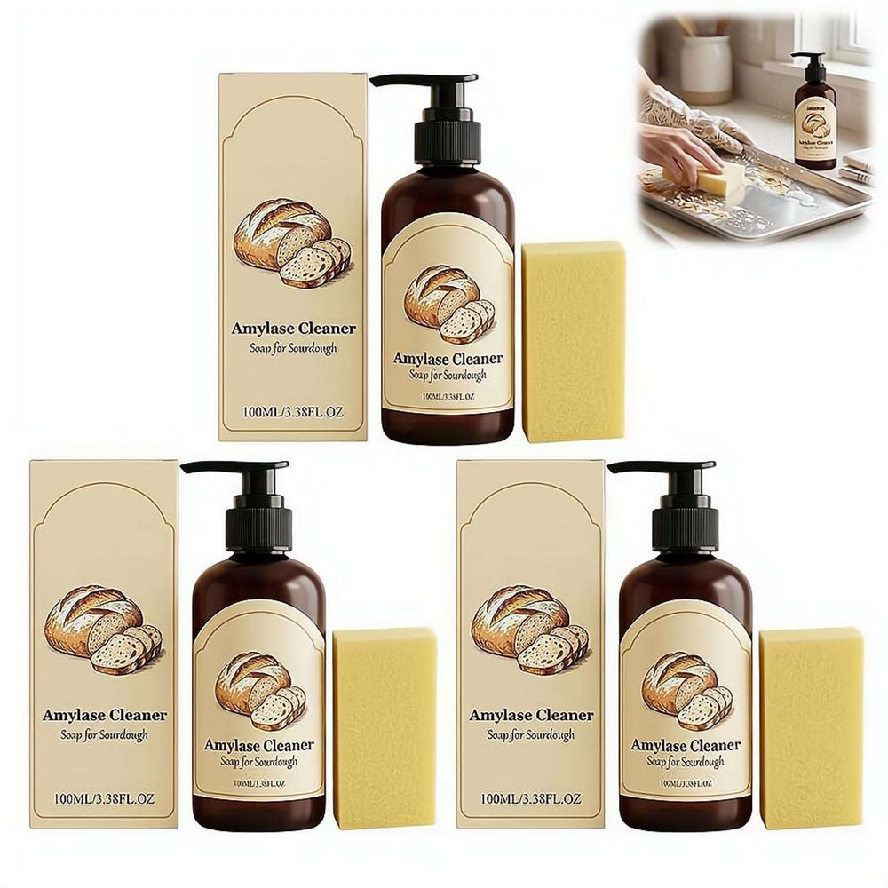 Dough Cleaner Soap with Custom Scrubbing Sponge, Natural Scent Enzyme-Powered Cleaner for Sourdough Baking Mess, Gently Removes Sticky Flour Residue from Bowls and Tools (3Pcs)