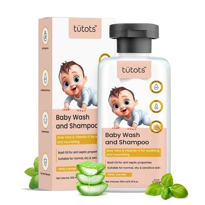 Baby Body Wash & Shampoo 200ml | Head to Toe Gentle Baby Wash with Aloe Vera, Vitamin E & Basil Oil | Mildly Scented Tear-Free Bath for Newborns & Babies