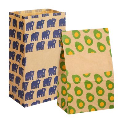 Frienda 200 Count Disposable Paper Lunch Bags Compostable Brown Kraft Paper Snack Bags with Note Area Avocado Print Bear Print for Snacks, Sandwiches, Crafts, Gift
