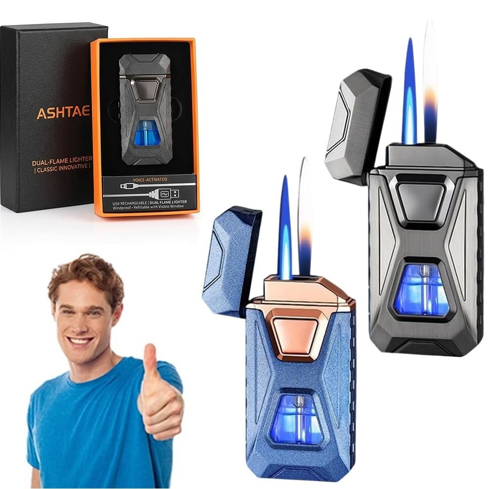 Voice-Activated Dual Flame Lighter (Butane Not Included) USB Rechargeable Windproof Refillable with Visible Window Butane Lighter 3-in-1 Smart Ignition, Intelligent Voice-Activated(2PCS E)