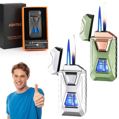 Voice-Activated Dual Flame Lighter (Butane Not Included) USB Rechargeable Windproof Refillable with Visible Window Butane Lighter 3-in-1 Smart Ignition, Intelligent Voice-Activated(2PCS M)