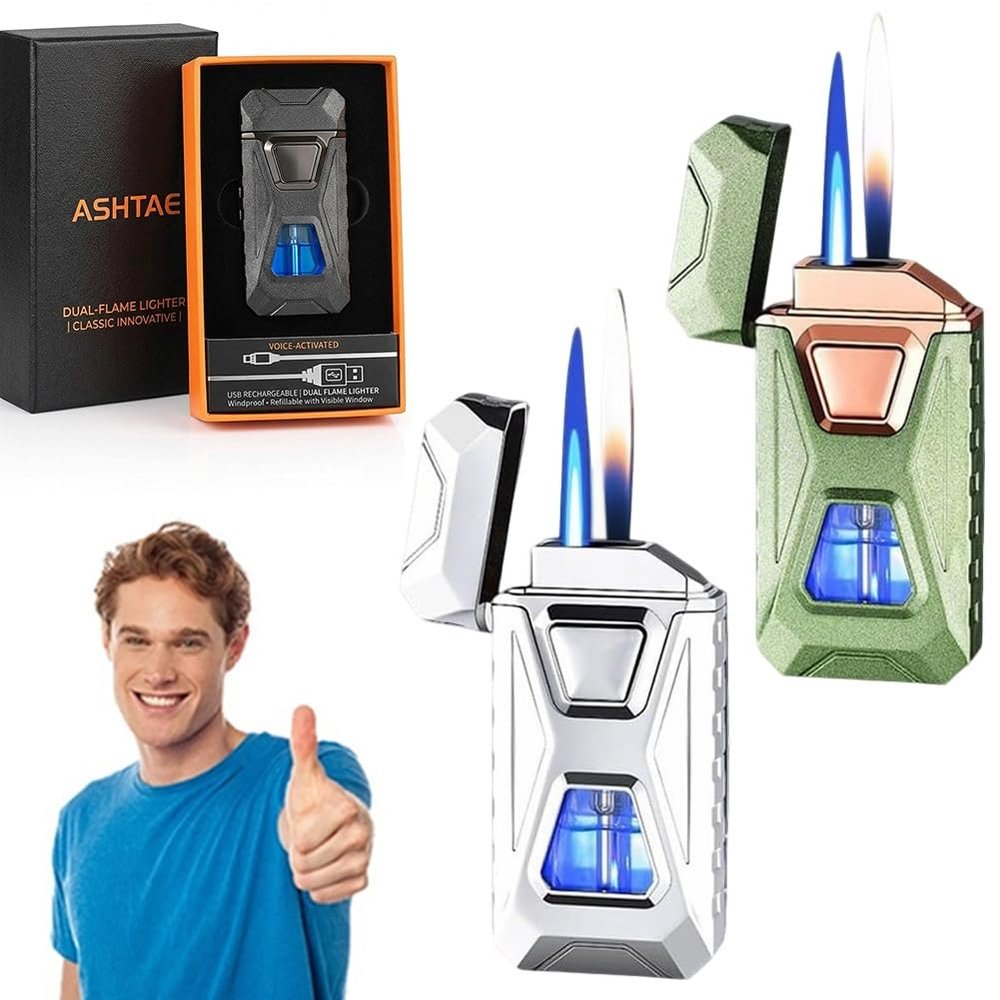 Voice-Activated Dual Flame Lighter (Butane Not Included) USB Rechargeable Windproof Refillable with Visible Window Butane Lighter 3-in-1 Smart Ignition, Intelligent Voice-Activated(2PCS M)