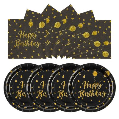 YIPTYBEU 50PCS Happy Birthday Paper Plates and Napkins, 7inch Black and Gold Polka Dot Birthday Cake Dessert Plates Disposable Tableware Set for Birthday Party Supplies Decorations (Birthday Black)