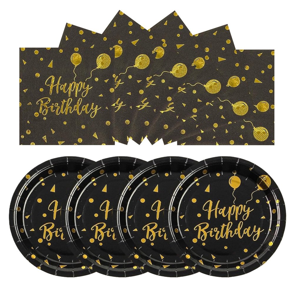 YIPTYBEU 50PCS Happy Birthday Paper Plates and Napkins, 7inch Black and Gold Polka Dot Birthday Cake Dessert Plates Disposable Tableware Set for Birthday Party Supplies Decorations (Birthday Black)