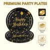 YIPTYBEU 50PCS Happy Birthday Paper Plates and Napkins, 7inch Black and Gold Polka Dot Birthday Cake Dessert Plates Disposable Tableware Set for Birthday Party Supplies Decorations (Birthday Black) view 3
