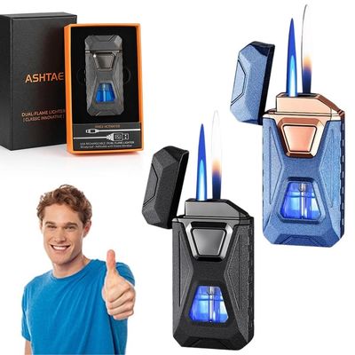 Voice-Activated Dual Flame Lighter (Butane Not Included) USB Rechargeable Windproof Refillable with Visible Window Butane Lighter 3-in-1 Smart Ignition, Intelligent Voice-Activated(2PCS A)