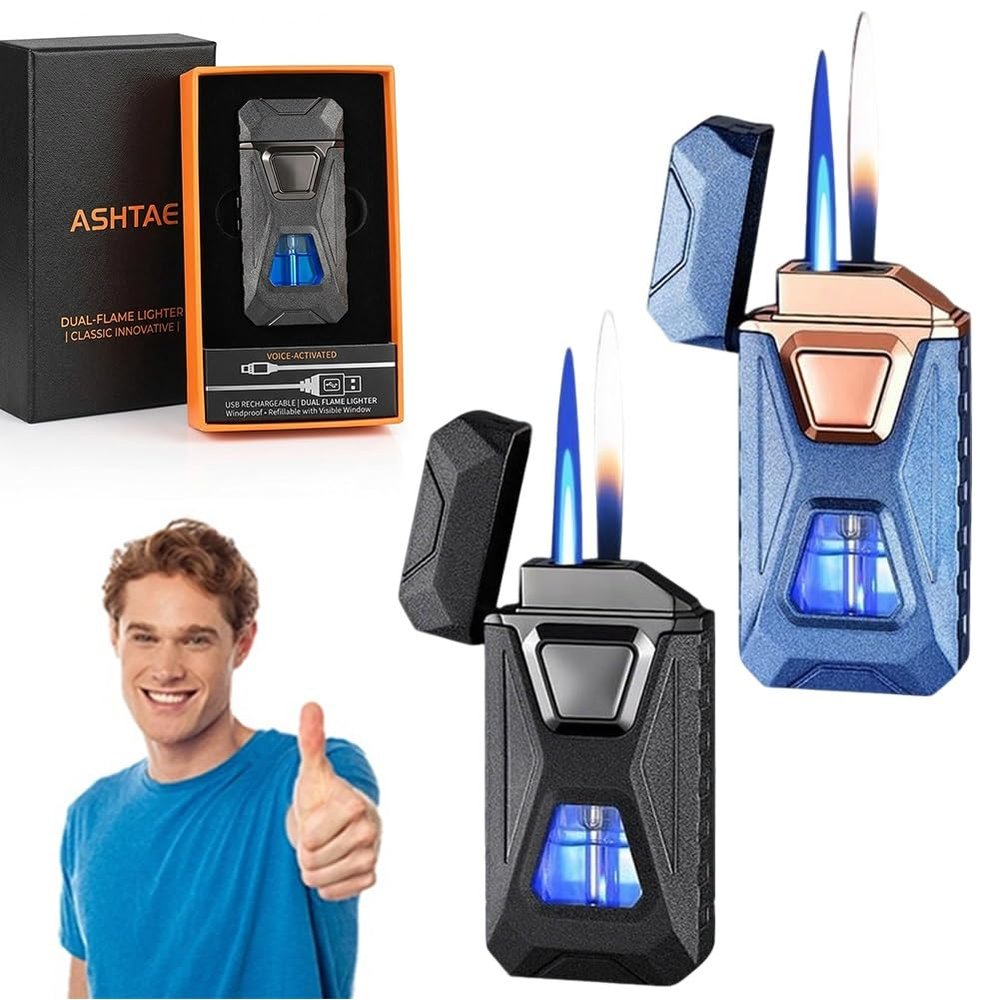 Voice-Activated Dual Flame Lighter (Butane Not Included) USB Rechargeable Windproof Refillable with Visible Window Butane Lighter 3-in-1 Smart Ignition, Intelligent Voice-Activated(2PCS A)