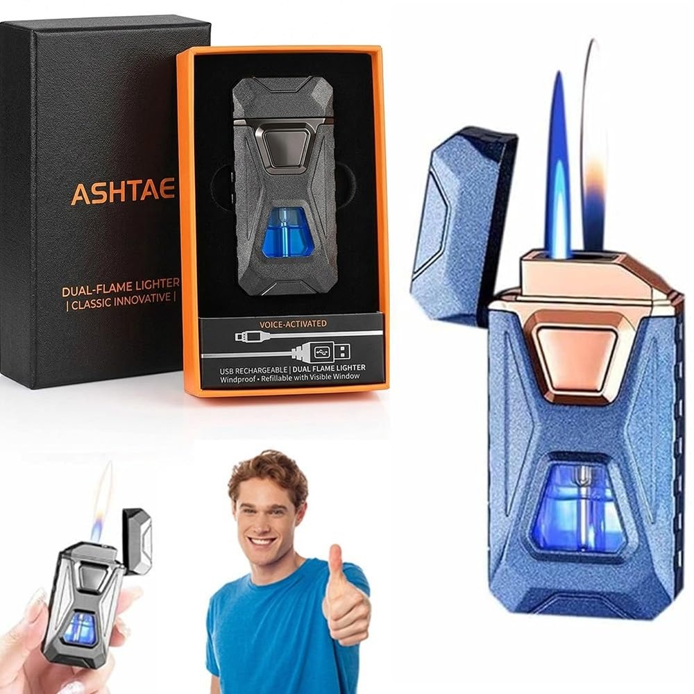 Voice-Activated Dual Flame Lighter (Butane Not Included) USB Rechargeable Windproof Refillable with Visible Window Butane Lighter 3-in-1 Smart Ignition, Intelligent Voice-Activated(1PC Blue)