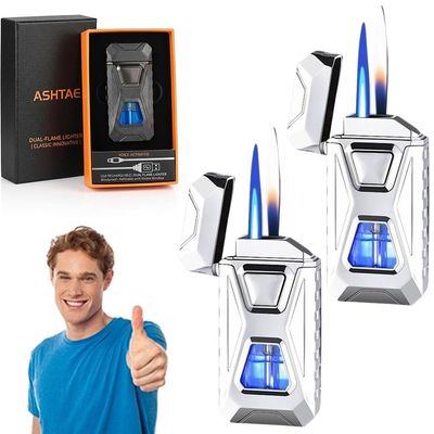 Voice-Activated Dual Flame Lighter (Butane Not Included) USB Rechargeable Windproof Refillable with Visible Window Butane Lighter 3-in-1 Smart Ignition, Intelligent Voice-Activated(2PCS White)