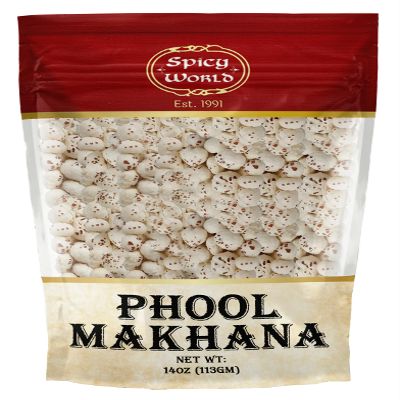 Spicy World Phool Makhana (Fox Nut/Popped Lotus Root Seed/Popped Water Lily Seeds) 400g (14oz) ~ Plain Raw Uncooked - All Natural | Vegan | No Colors | Indian