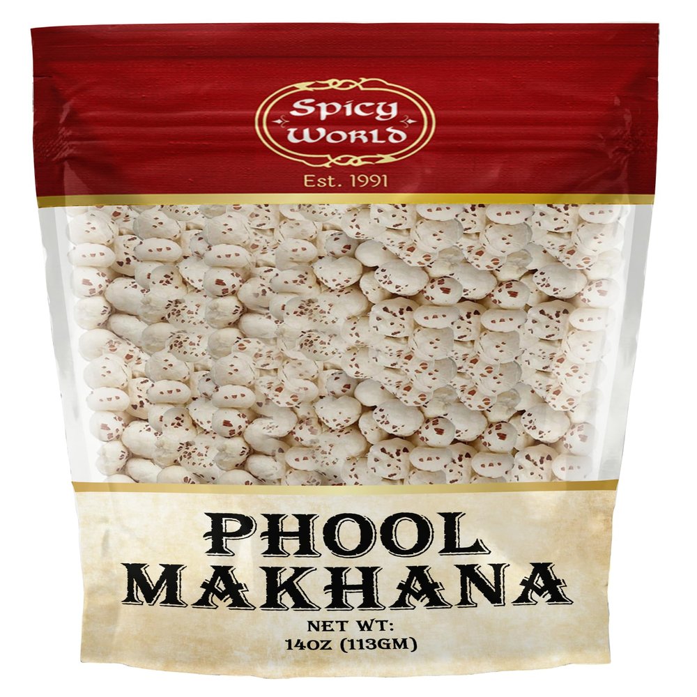 Spicy World Phool Makhana (Fox Nut/Popped Lotus Root Seed/Popped Water Lily Seeds) 400g (14oz) ~ Plain Raw Uncooked - All Natural | Vegan | No Colors | Indian