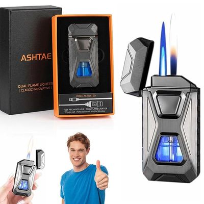 Voice-Activated Dual Flame Lighter (Butane Not Included) USB Rechargeable Windproof Refillable with Visible Window Butane Lighter 3-in-1 Smart Ignition, Intelligent Voice-Activated(1PC Gray)