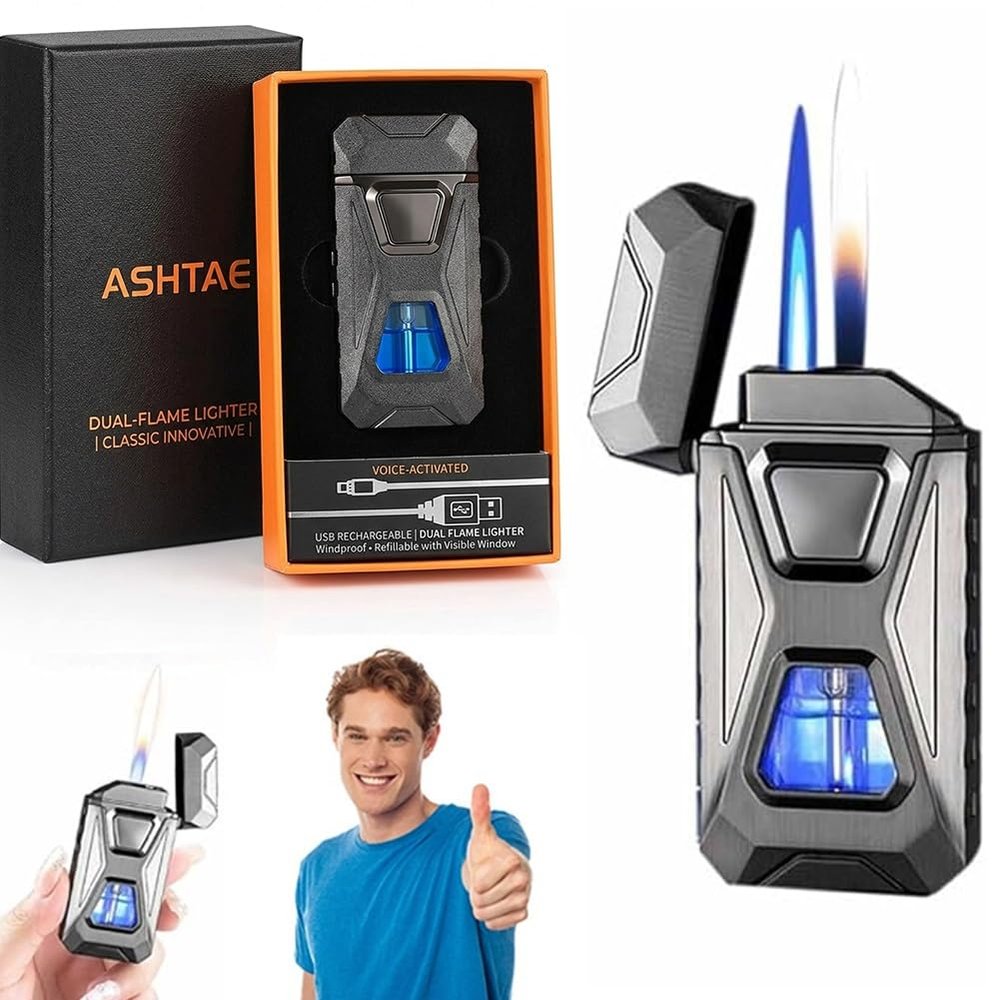 Voice-Activated Dual Flame Lighter (Butane Not Included) USB Rechargeable Windproof Refillable with Visible Window Butane Lighter 3-in-1 Smart Ignition, Intelligent Voice-Activated(1PC Gray)