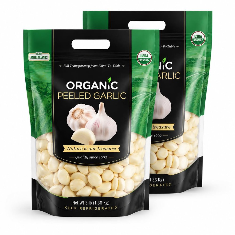 Organic Peeled Garlic Cloves, USDA Certified Organic & Kosher, Fresh Pre-Peeled Garlic for Cooking, Roasting & Meal Prep, 3 lb Bags, Pack of 2, 6 lb Total