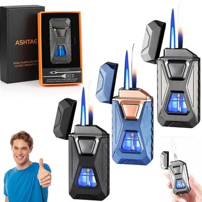 Voice-Activated Dual Flame Lighter (Butane Not Included) USB Rechargeable Windproof Refillable with Visible Window Butane Lighter 3-in-1 Smart Ignition, Intelligent Voice-Activated(3PCS A)
