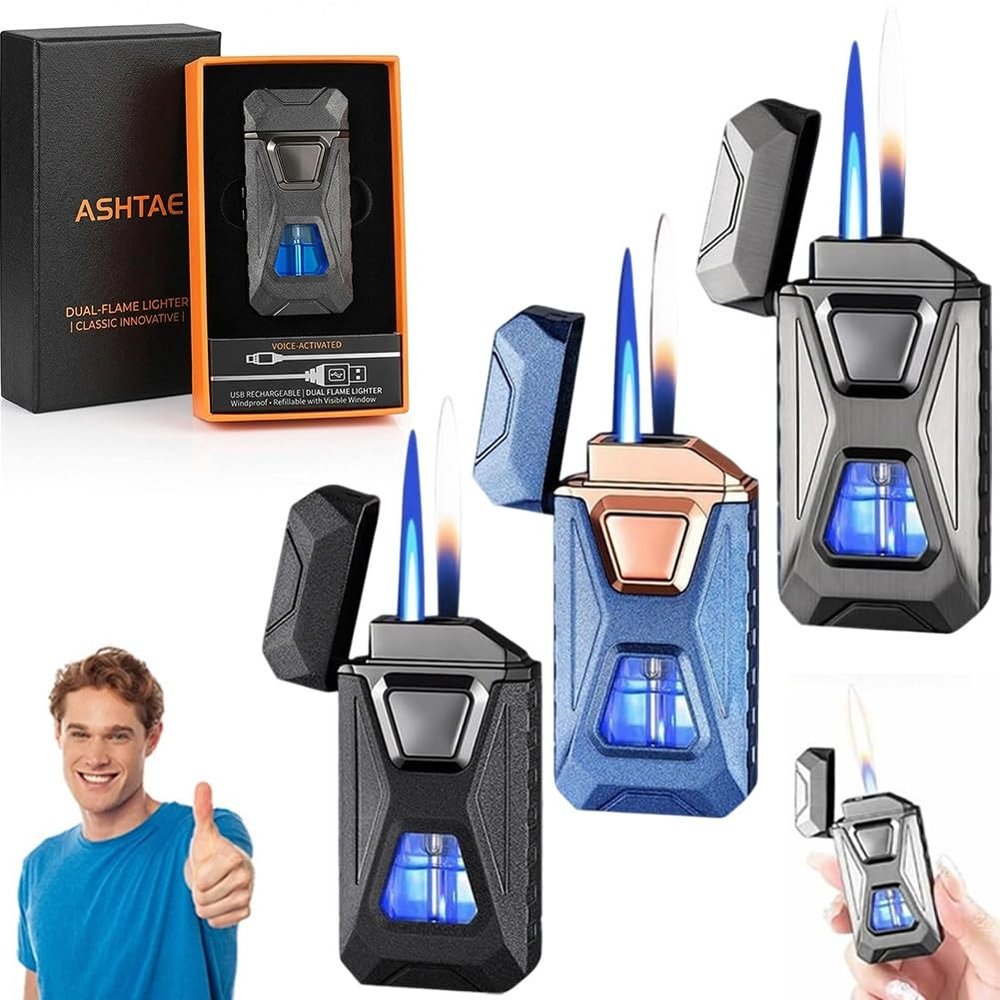 Voice-Activated Dual Flame Lighter (Butane Not Included) USB Rechargeable Windproof Refillable with Visible Window Butane Lighter 3-in-1 Smart Ignition, Intelligent Voice-Activated(3PCS A)