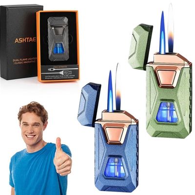 Voice-Activated Dual Flame Lighter (Butane Not Included) USB Rechargeable Windproof Refillable with Visible Window Butane Lighter 3-in-1 Smart Ignition, Intelligent Voice-Activated(2PCS F)